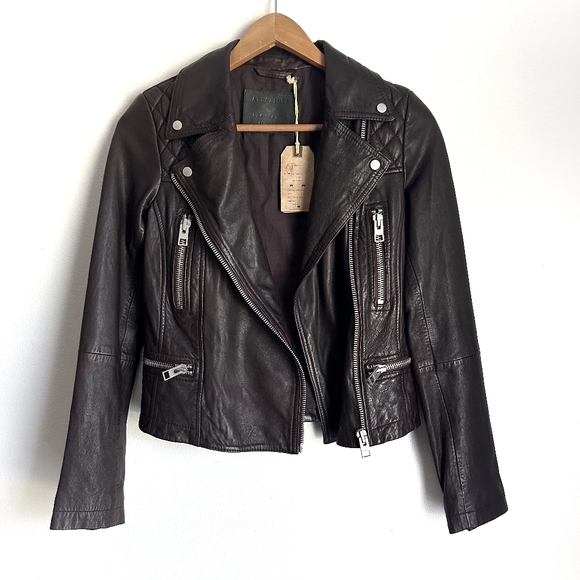 NWT All Saints Bleeker Biker Jacker - Leather - 0 - Brown - Picture 3 of 8
